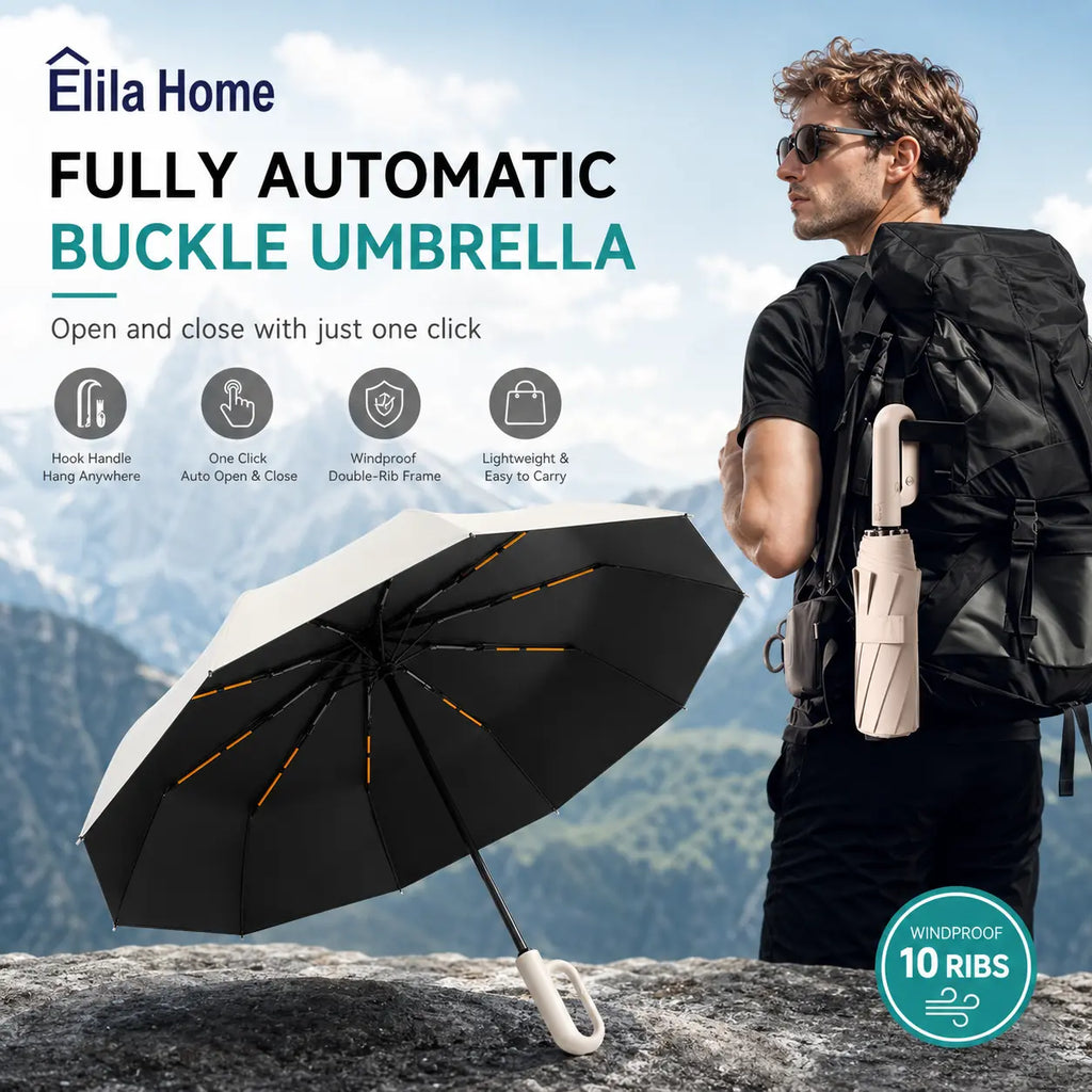 Automatic Folding Umbrella with Pouch - 1-Count, 10-Rib Metal/Fabric, Compact Folded, Auto Open-Close, Windproof Waterproof Rain/Sun Umbrella for Men & Women, Reinforced for Travel & Daily Use