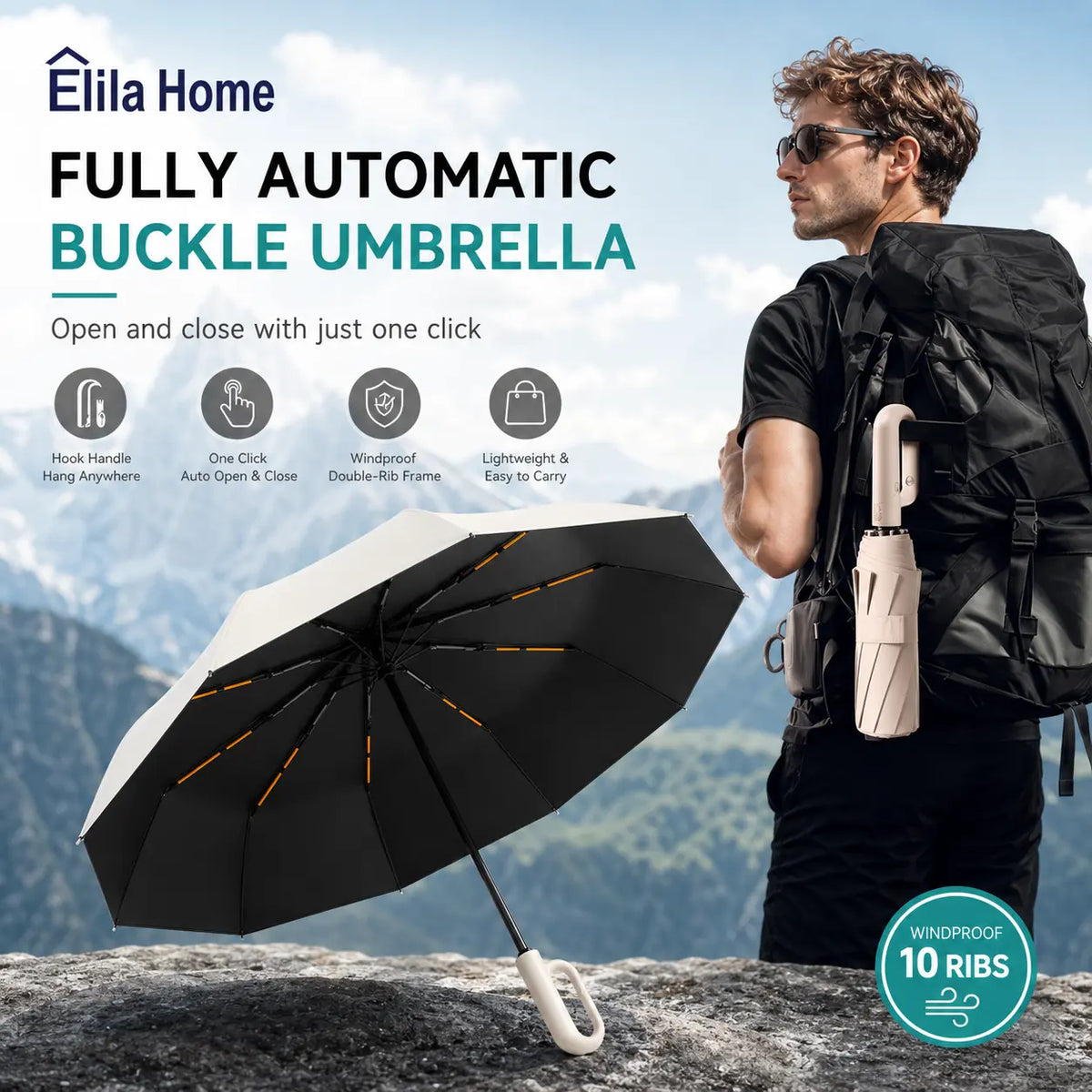 Automatic Folding Umbrella with Pouch - 1-Count, 10-Rib Metal/Fabric, Compact Folded, Auto Open-Close, Windproof Waterproof Rain/Sun Umbrella for Men & Women, Reinforced for Travel & Daily Use
