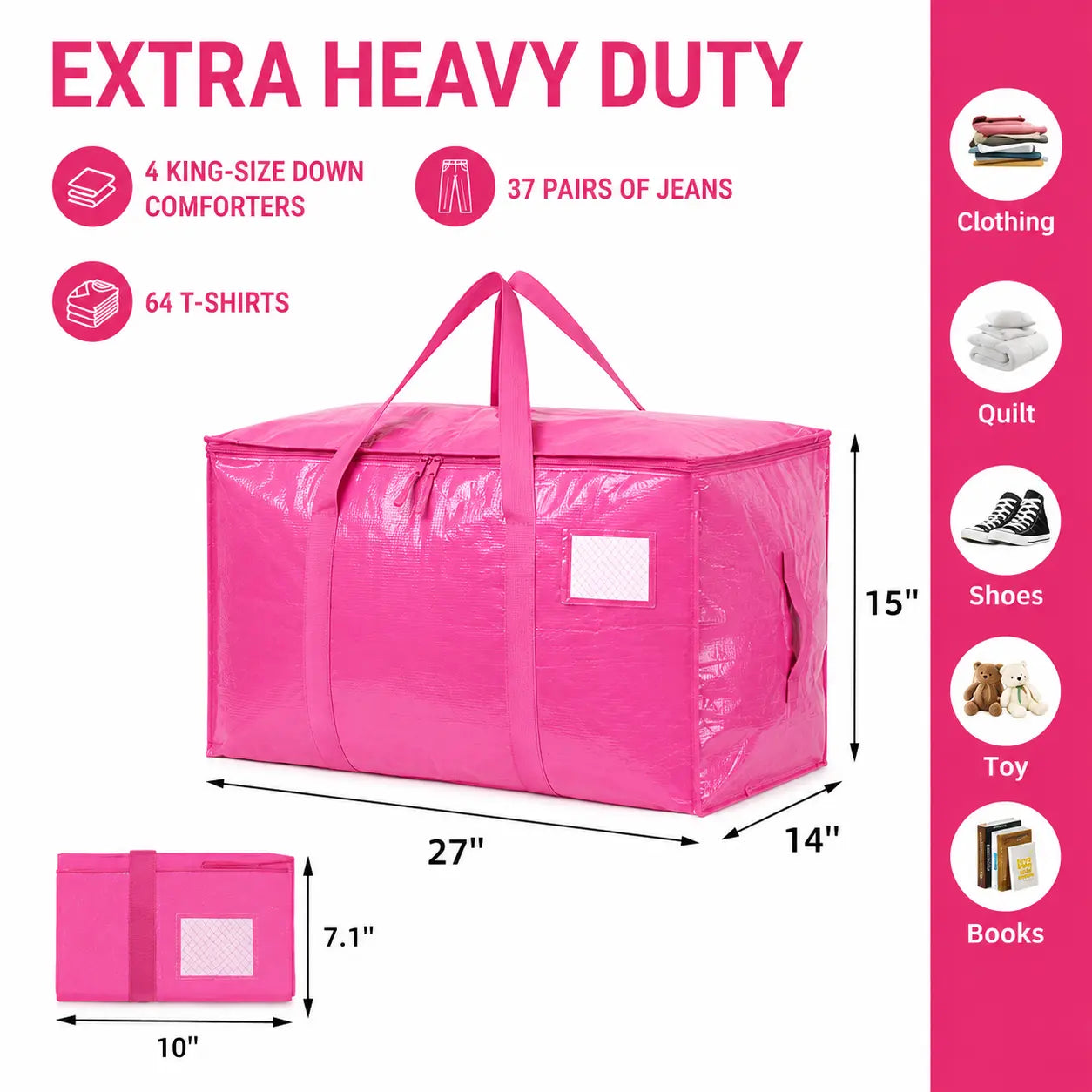 6-Pack 25-Gal Extra Large Zip Closure Storage Bags, Heavy-Duty Coated PE Foldable Waterproof Home Organizers with Reinforced Handles, Tag Pockets, 29"L X14"W X13"H, 65 Lbs Capacity for Moving, Clothes, Camping, Closet Organizer, Waterproof Organizer