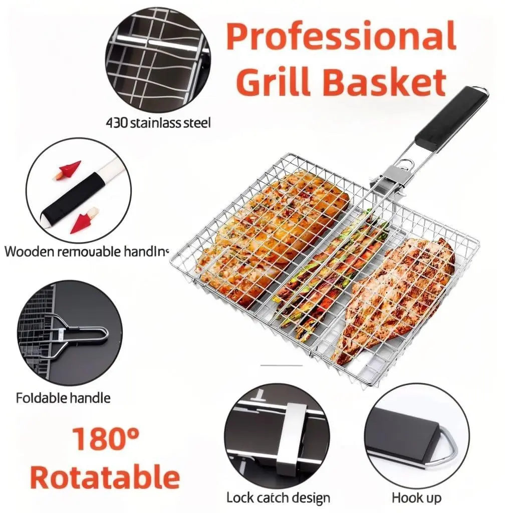 Summerwins Rectangular Carbon Steel Outdoor BBQ Grill Net - Single Roomier Sheet Grid Rack with Handle, Thick Durable Outdoor Cooking Barbecue Utensils for Home & Festive Supplies,Sohochic
