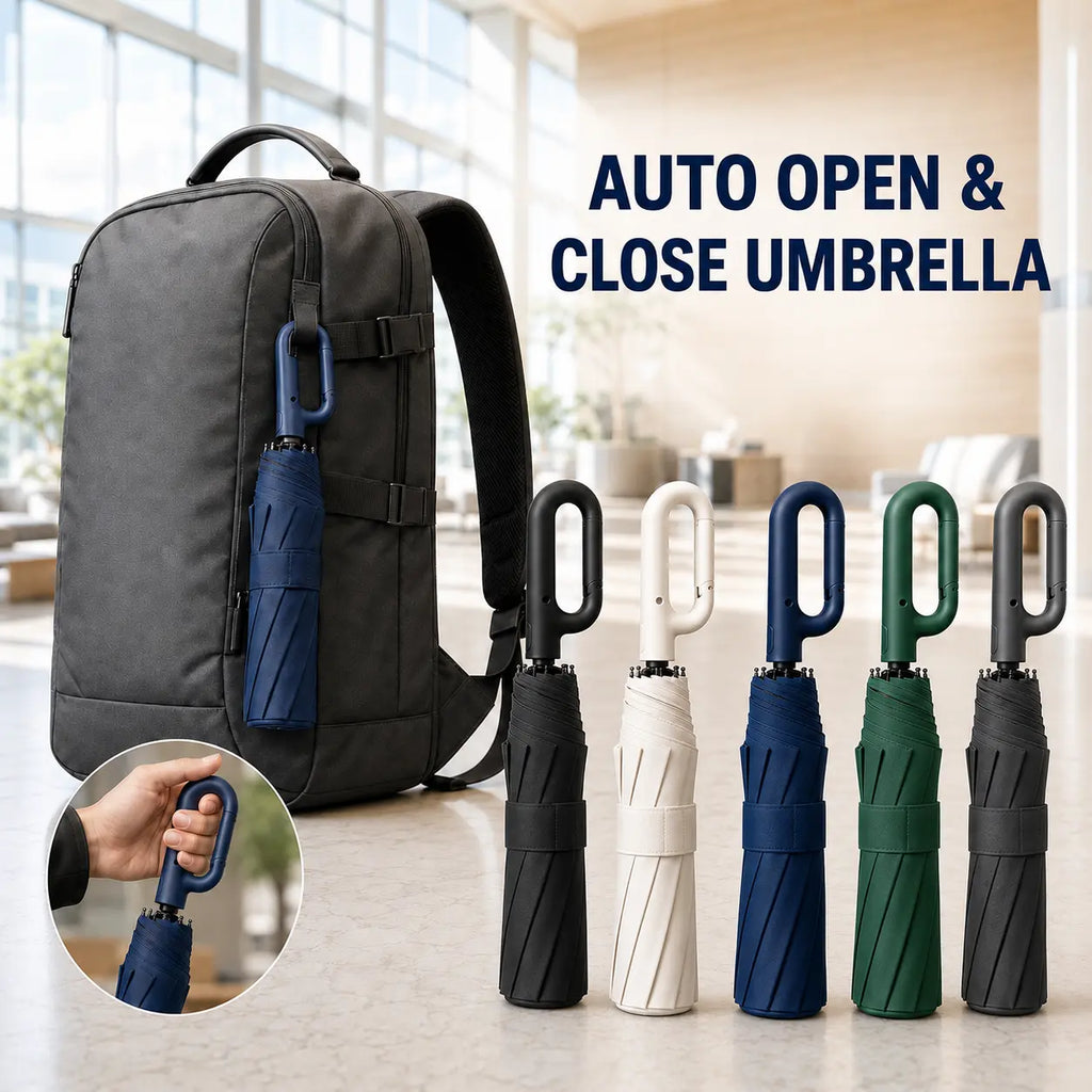Automatic Folding Umbrella with Pouch - 1-Count, 10-Rib Metal/Fabric, Compact Folded, Auto Open-Close, Windproof Waterproof Rain/Sun Umbrella for Men & Women, Reinforced for Travel & Daily Use