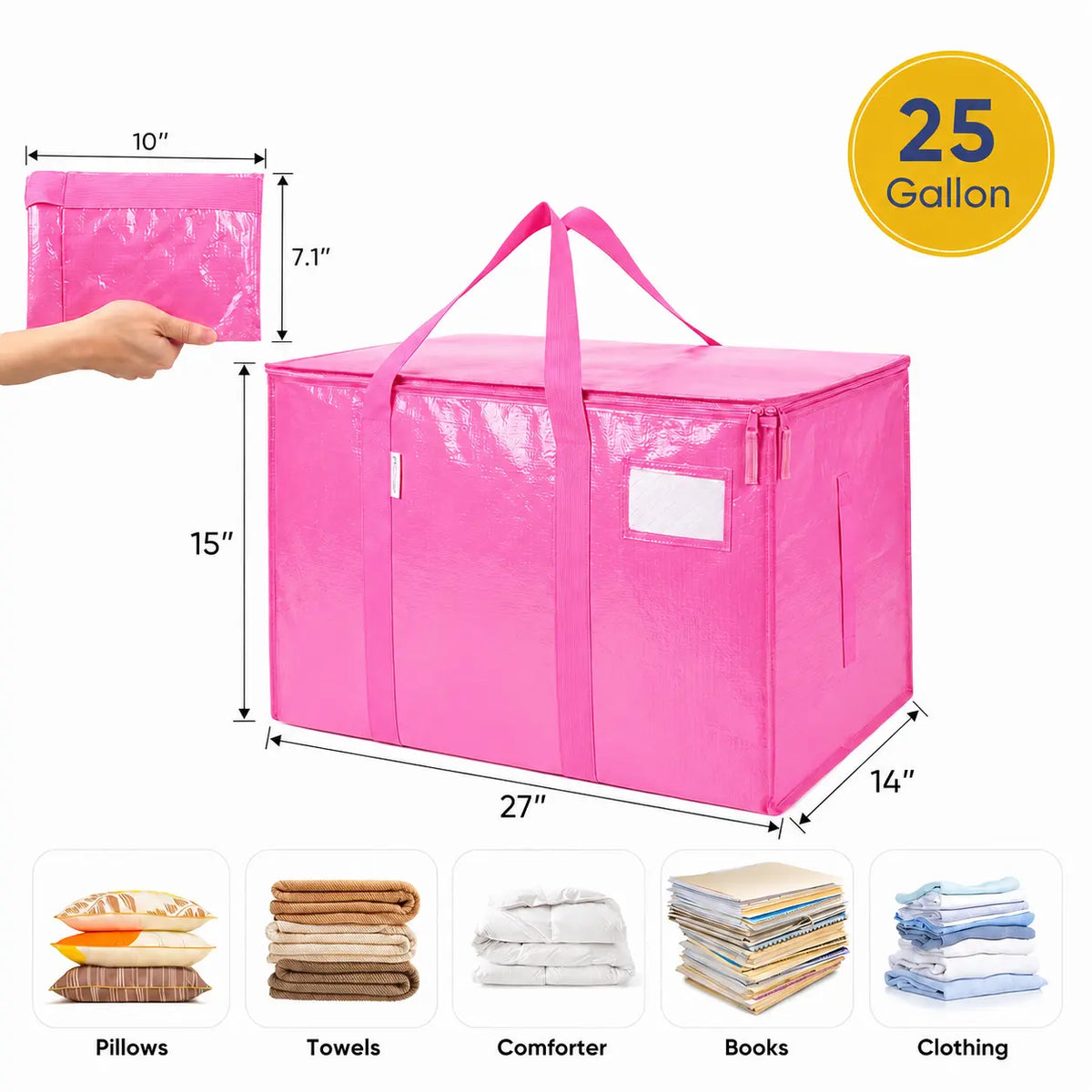 6-Pack 25-Gal Extra Large Zip Closure Storage Bags, Heavy-Duty Coated PE Foldable Waterproof Home Organizers with Reinforced Handles, Tag Pockets, 29"L X14"W X13"H, 65 Lbs Capacity for Moving, Clothes, Camping, Closet Organizer, Waterproof Organizer