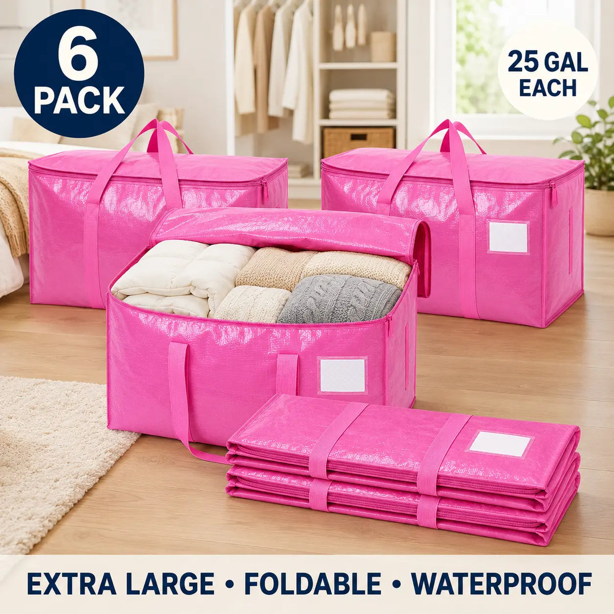 6-Pack 25-Gal Extra Large Zip Closure Storage Bags, Heavy-Duty Coated PE Foldable Waterproof Home Organizers with Reinforced Handles, Tag Pockets, 29"L X14"W X13"H, 65 Lbs Capacity for Moving, Clothes, Camping, Closet Organizer, Waterproof Organizer