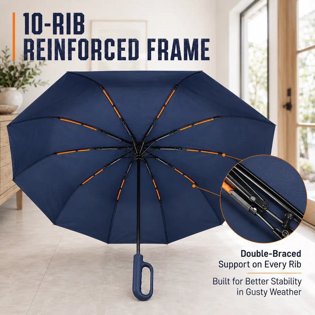 Automatic Folding Umbrella with Pouch - 1-Count, 10-Rib Metal/Fabric, Compact Folded, Auto Open-Close, Windproof Waterproof Rain/Sun Umbrella for Men & Women, Reinforced for Travel & Daily Use