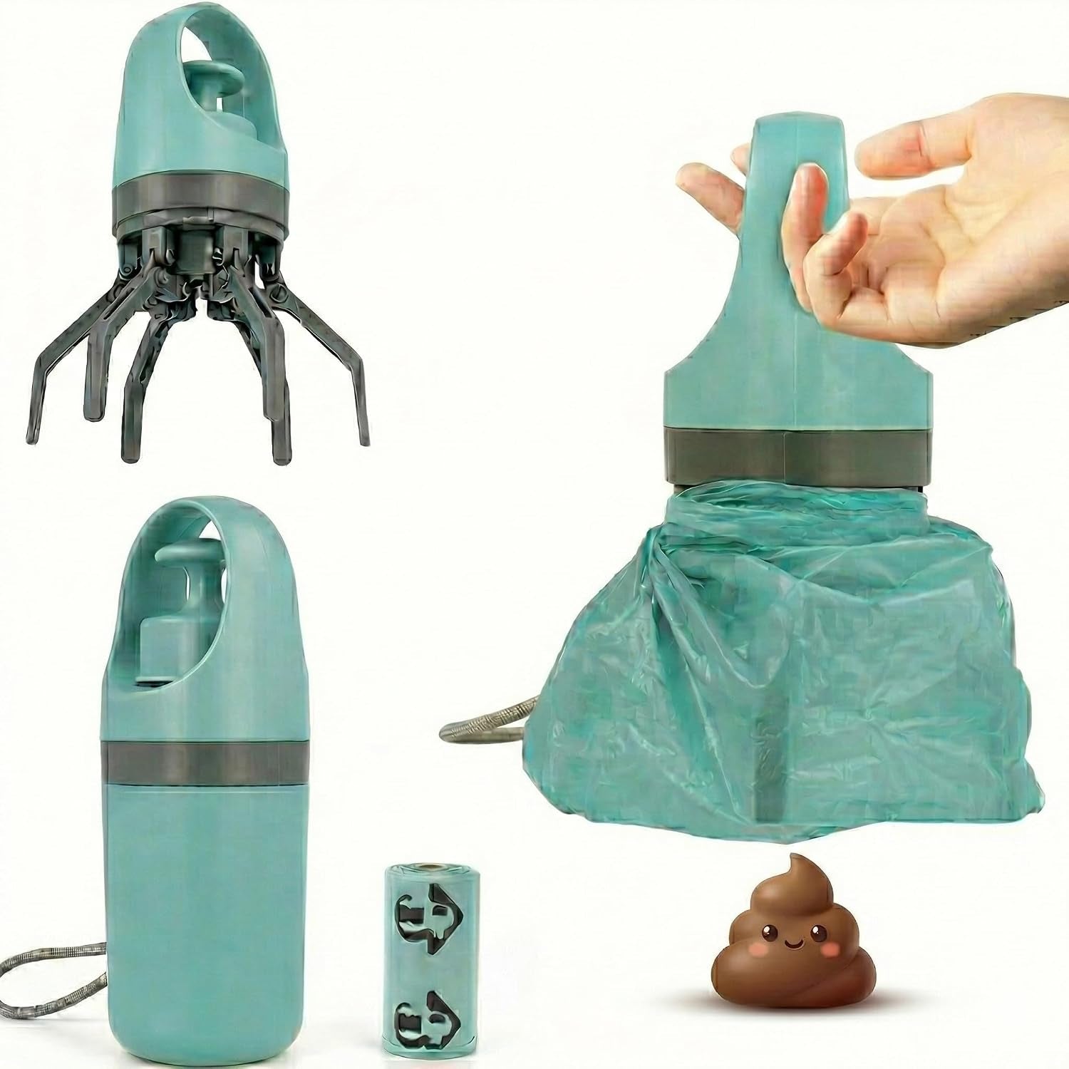 Dog Pooper Scooper with 1 Waste Bag Roll (15 Bags), Portable No-Touch Dog Waste Pickup Kit